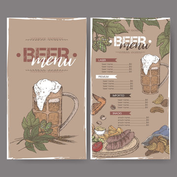 Beer menu color template with beer mug, hop branch, wheat, chips, nuts, chicken wings and snack plate.
