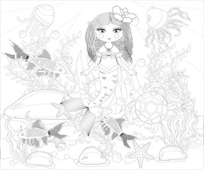 Beautiful mermaid. Underwater world. Anti stress coloring book for adult. Outline drawing coloring page. Black and white in zentangle style. Sea, shells. Marine theme.