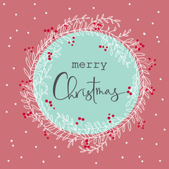 Hand Drawn Doodle Sketchy White Wreath Red Holly Berries Lettering Merry Christmas. Cartoon Style. Turquoise Cherry Pink Background. Vintage Shabby Chic. Copy Space for Text