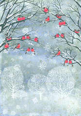 Composition from watercolor background with snowflakes and vector flock of bullfinches perching on the branches of a trees