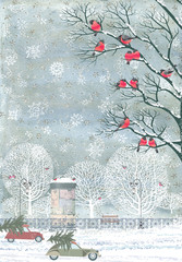 Composition from watercolor background with snowflakes and vector flock of bullfinches perching on the branches of a trees, advertising column, cars with christmas trees on top, snow, trees, fence