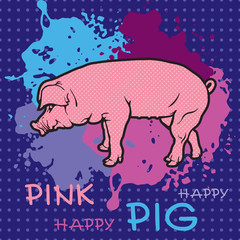 Pig and colored spot - vector seamless background. Graphic illustration is a sample of design element and pattern for wallpaper or fabric.