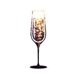Champagne glass vector icon with golden sparkle background inside