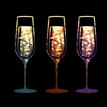 Champagne glass vector icon with golden sparkle background inside