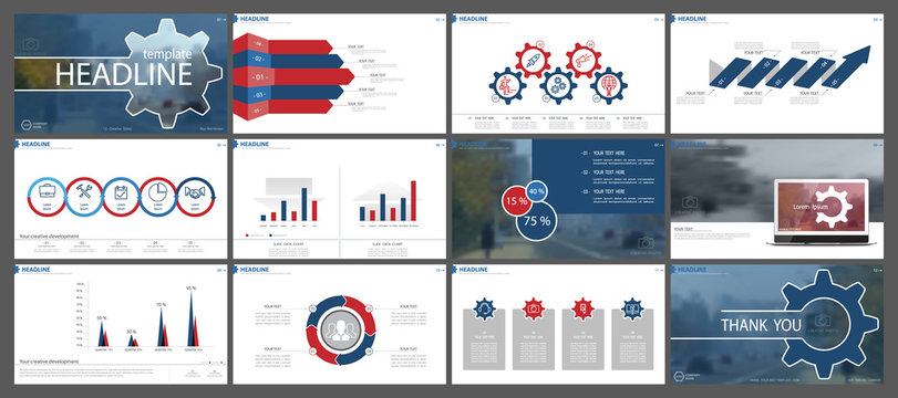 Multifunctional Red And Blue Presentation Template. Vector Set, Elements Of Infographics, White Background. Postcard,postcard, Corporate Report,marketing,advertising, Banners.Track,photo,annual Report