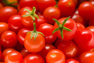 Lots of Small Ripe Red Cherry Tomatoes. Close Up. Macro. Top View. Background.