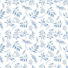 Watercolor seamless pattern with decorative blue leaves on white. Floral pattern.