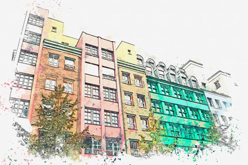 A watercolor sketch or illustration. Berlin. Colored residential buildings. Urban architecture