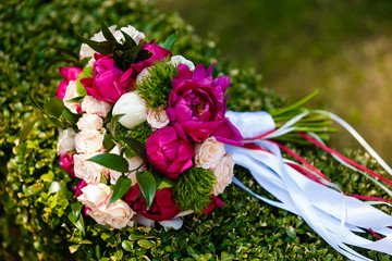 Wedding bouquet of fresh red and white roses
