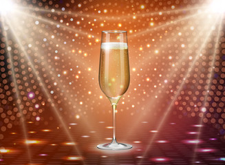 Realistic vector illustration of champagne glass on holiday golden disco background
