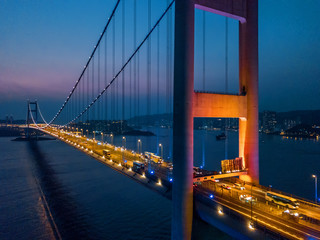 Tsing Ma Bridge at sunset in Hong Kong.