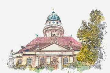 Obraz premium A watercolor sketch or an illustration. French Cathedral or Franzoesischer Dom in Berlin, Germany. Evangelic and Lutheran church of Germany and architecture monument or tourist sight