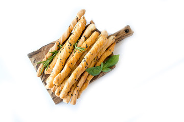 Italian grissini sticks on white background
