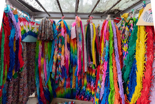 Brightly colored paper cranes at the Children's Peace Monument