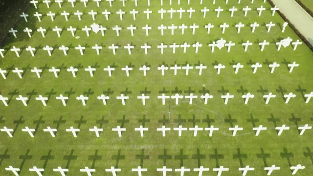 JAKARTA, Indonesia - October 09, 2018: Aerial view of crosses in Dutch war graveyard at Ereveld Menteng Pulo, Jakarta, Indonesia. Shot in 4k resolution