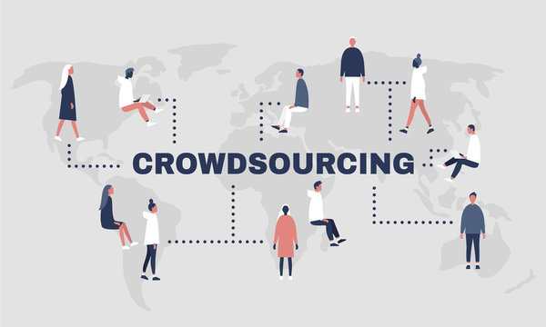 Crowdsourcing platform. World map. Millennial professionals. Project work. Flat editable vector illustration, clip art