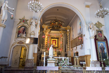 Kalkow-Godow, Poland, September 7, 2018: Sanctuary of Our Lady of Sorrows. The interior of the church.