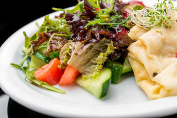 Savoury Buckwheat Pancakes with Cherry Tomatoes, Rocket Salad, Spinach, Parma Ham,