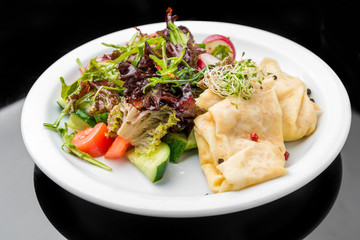 Savoury Buckwheat Pancakes with Cherry Tomatoes, Rocket Salad, Spinach, Parma Ham,