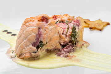 Baked Salmon Steak with Spinach and Lemon Slice