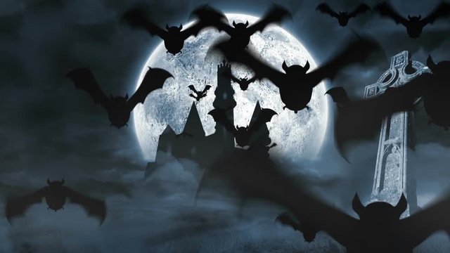 Scary bat animation for halloween in graveyard
