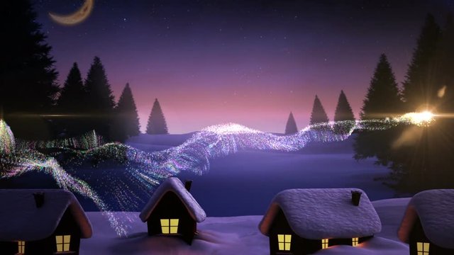 Ray of light passing over the snowy landscape and huts 4k