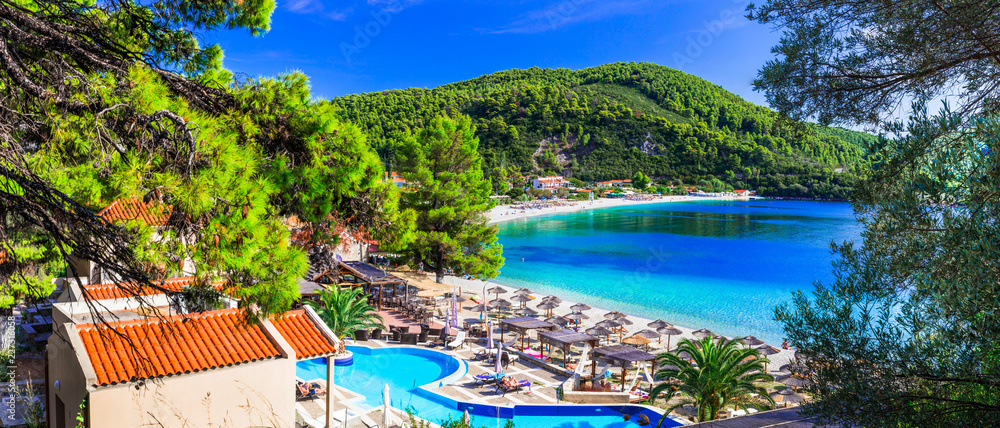 Wall mural greek holidays - beautiful panormos bay. view with hotel and beach. skopelos island