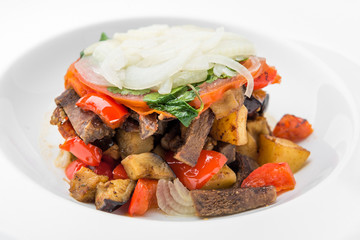 Meat stewed with vegetable in spicy tomato sauce