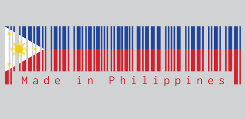 Barcode set the color of Philippines flag, a horizontal blue and red; white equilateral triangle based at the hoist, gold stars at its vertices, and gold sun at center. text: Made in Philippines.
