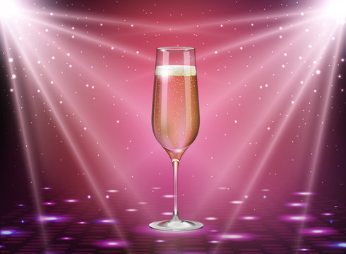Realistic vector illustration of champagne glass on holiday pink disco background