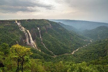 Cherrapunjee, Meghalaya, India. Beautiful panorama of the Seven Sisters waterfalls near the town of...