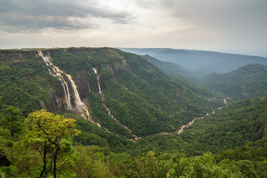 Cherrapunjee, Meghalaya, India. Beautiful panorama of the Seven Sisters waterfalls near the town of Cherrapunjee in Meghalaya, North-East India.