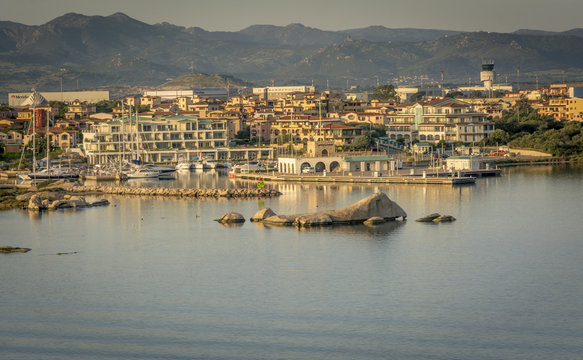 Olbia in Sardinia. Landscape around Olbia, view from cruise ship arriving into the Olbia harbor in Sardinia island, morning scene