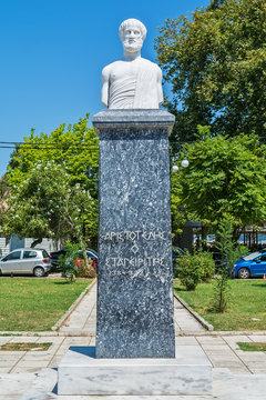 Olympiada, Greece - August 18, 2018: A modern statue of Aristotle of Stageira on Olympiada's main square.
