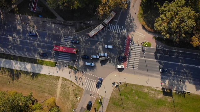 crossroads with a car's accident in the urban settings (aerial view)