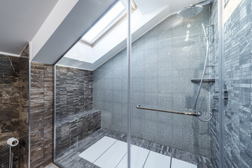 Glass shower cabin in modern loft bathroom - obrazy, fototapety, plakaty