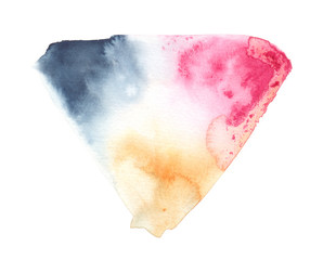 Wet blue, pink and yellow triangle painted in watercolor on clean white background