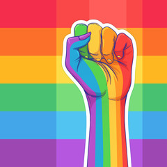 Rainbow colored hand with a fist raised up. Gay Pride. LGBT concept. Realistic style vector colorful illustration. Sticker, patch, t-shirt print