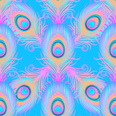 Peacock pale pink seamless vector pattern. Peafowl abstract feathers tiled print for textile or wrap paper. Hand drawn vintage linear drawing pattern