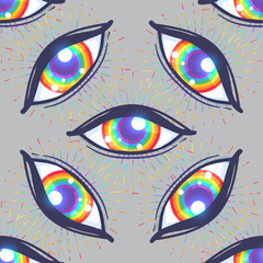 Seamless pattern with rainbow colored eyes. Flag of LGBT community inside eyeball. Vector illustration for textile prints, wallpapers, backgrounds.