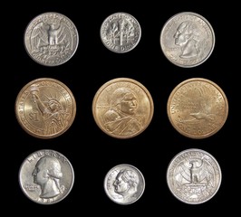 Collection of circulating coins of the USA (change coins of America) on a black background