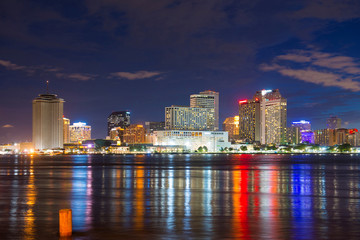 New Orleans skyline at twilight on Mississippi River in New Orleans, Louisiana, USA.