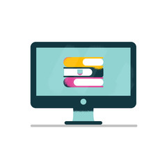 educational concept on e-learning and online courses or library. Vector illustration with a stack of books on a computer monitor isolated on white background