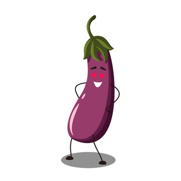 Vector Emoji eggplant in love.  Cute cartoon eggplant with with a loving look. Vector illustration