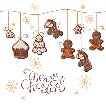 Group of vector colorful illustrations on the New Year Traditions theme; set of Christmas gingerbreads hanging on beads. Pictures contain realistic shadows and glare.