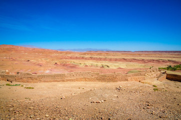 Desert landscape with Atlas Mountains near Kasbah Ait Ben Haddou, Morocco