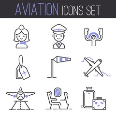 Aviation icons vector set airline outline graphic illustration flight airport transportation passenger design departure.