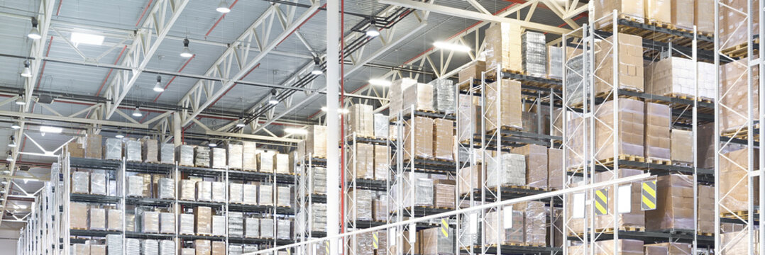 Huge distribution warehouse with high shelves