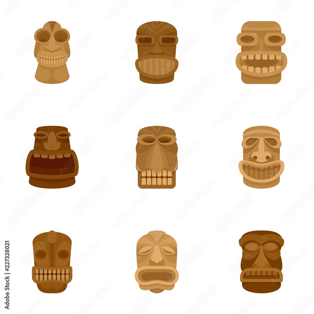Poster tiki idol icon set. flat set of 9 tiki idol vector icons for web design