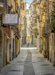 Traditional Narrow Streets of the old touristic part of Cagliari, the capital city of the Italian...